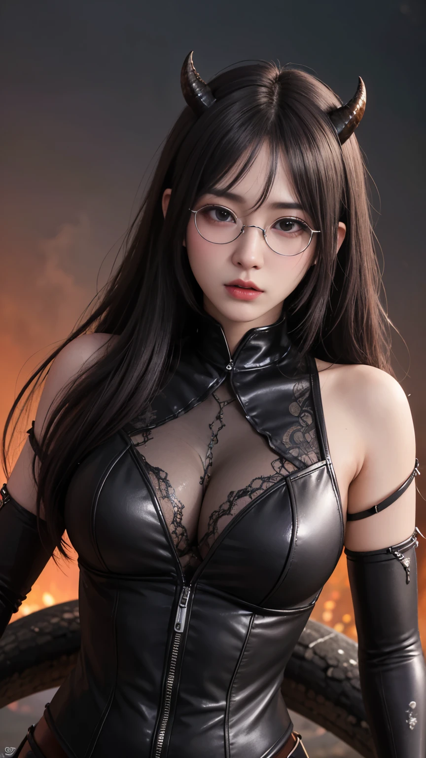 background(Black Night Sky,Big Moon),Woman close up,Wearing a white shirt、Purple Hair,Very long hair,very thick braids,Purple eyes,big 、((((Glasses))))、realistic girl rendering, 8k artistic german bokeh, Enchanting girl, Realistic girl, Gurwitz, Gurwitz-style artwork, Girl Roleplay, Realistic 3D style, cgstation Popular Topics,, 8K Portrait Rendering,(truth,truth:1.4),Wear pink pajamas,巨big ,Sparkling eyes,Purple eyes、(highest quality,4K,8k,High resolution,masterpiece:1.2),Very detailed,(Realistic,photoRealistic,photo-Realistic:1.37),Mythical monster,Beast-like creature,Muscular,Six big legs,Stand like a gorilla,Red fur covering the body,two big horns,Drill teeth,Sharp Claws,Huge shape,Burning Fire Magic,Energy aura,A threatening presence,Glowing Eyes,Intimidating posture,dark environment,Smoke-filled air,Ominous Shadow,Majestic and ,Explosive power,Vibrant colors,bold,Horror art style,Moving configuration,Dramatic lighting,Rib Layer,large sharp teeth,Sharp Edges,Very detailedスケール,Burning Crack,Burning Flames,Furious look,Burning with anger,Surrounded by sparks and embers), Scared, dark, spooky, Underwater mist liquid swirling cavity, highest quality, Front view, Satanic, 18 year old asian girl、Liu Wen, Shaved eyebrows, With big blorn, , A large snake with slimy tentacles wrapped around its shoulders. Moody and dramatic lighting, Lang Yun, storm, lightning, Smoke and Fog Environment, Fuzzy smoke background, Wide-angle shot, Wide-angle shot, elevation, Extreme angle shot, Vignette, Unrealistic Nightmare,