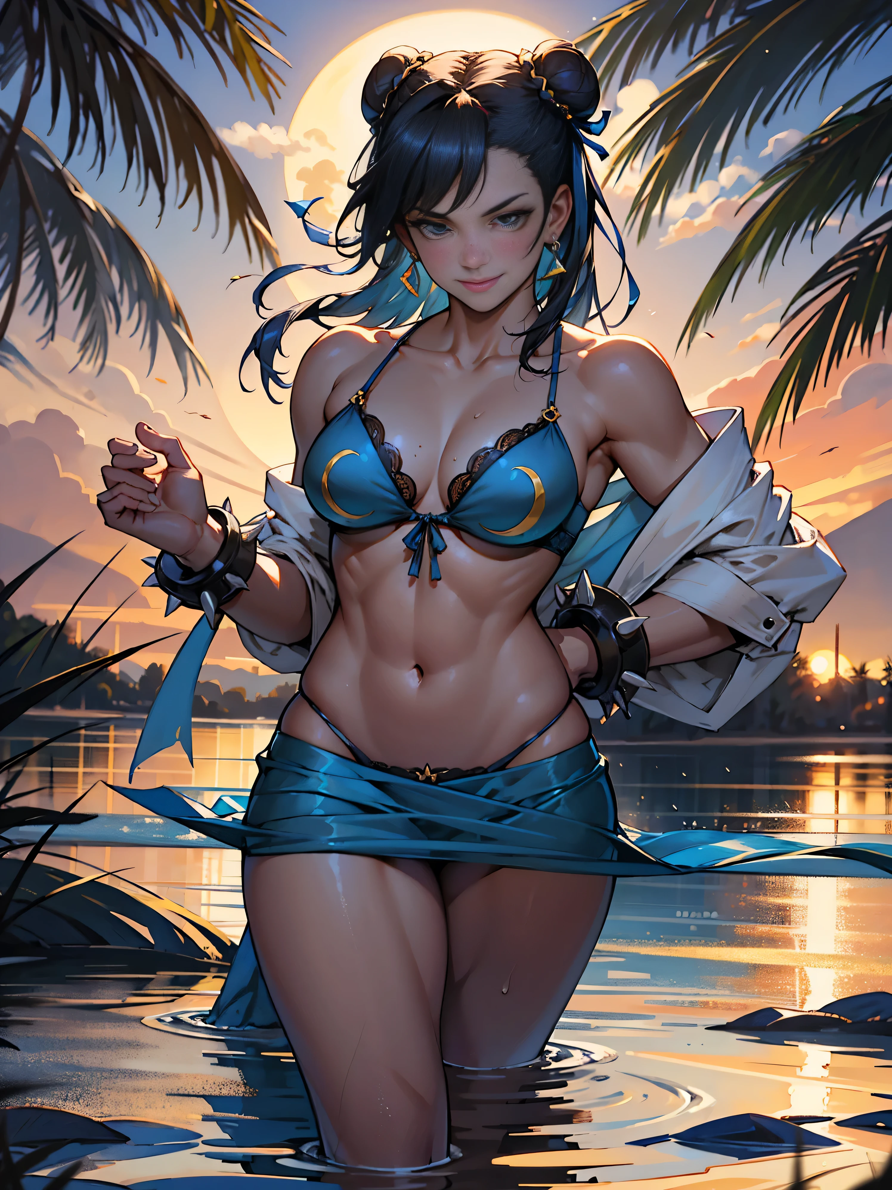 ropa azul,solo, low lighting, obra maestra de chunli, mejor calidad, agrias,sexy lingerie, de pie, mirando al espectador, pelo negro,enojado,sonrisa,Atardecer,lago, Reflejo en el agua, por do sol