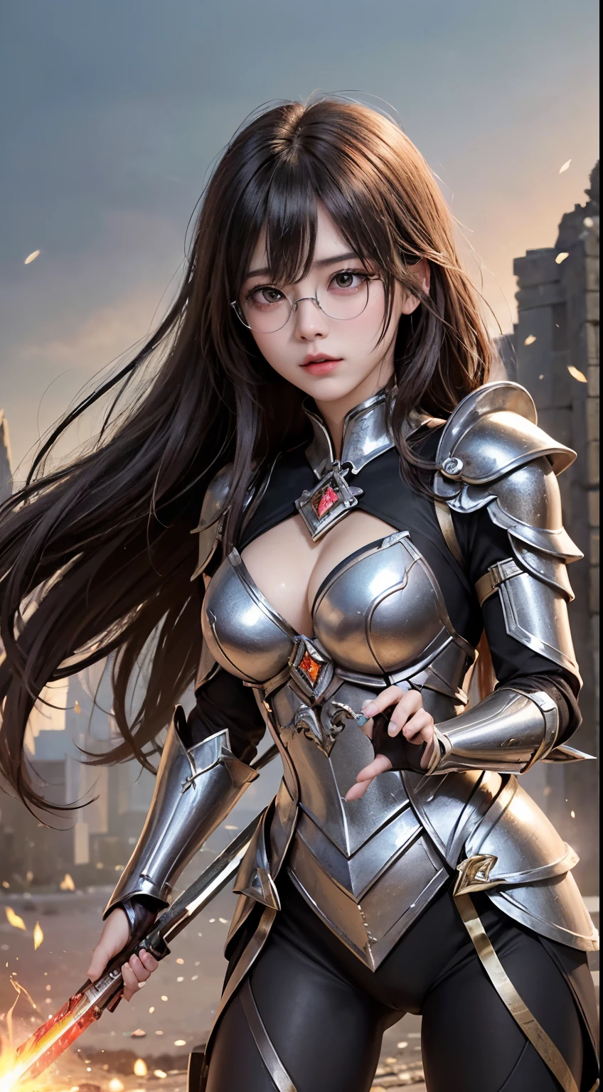 "(highest quality: 1.2), masterpiece, extremely detailed 8k uhd, ((Official Art)), CG, 1 Ultra-Detailed Goddess of War, A temple in the ruins of a ruined empire々Standing Up Together, (Dynamic posture: 1.3), Thick armor reveals the heart of the conflict, (Finer details), Shine, Places with strong light, (armor of historical importance:1.2), Shine Metal Armor, ((((Glasses))))、(Shine magic symbol on armor:1.3), (There was magic all around her.:1.3), Long black hair waving in the wind in every detail, Detailed Weapon Holding, (Sharp Sword, Shine:1.3), Shine eyes filled with determination and vision, ((Silver Armor)), A shield that reproduces the symbol of immovability with ultra-precision., (intense expression:1.1), (After her, A new empire is soaring into the sky: 1.4), (Light is、Highlighting her dominance and rebirth behind the scenes:1.4), (Fiery red flags fluttered:1.1), (The wind carries whispers of new beginnings:1.1), (Wisdom and Regeneration:1.2), (Strong stance:1.2), (Overwhelming Mystical Power:1.2), alone, (Shine sweat:1.1), gem armor, (The contrast between silver and gold:1.3), (The overall red color covers the scenery:1.4)"