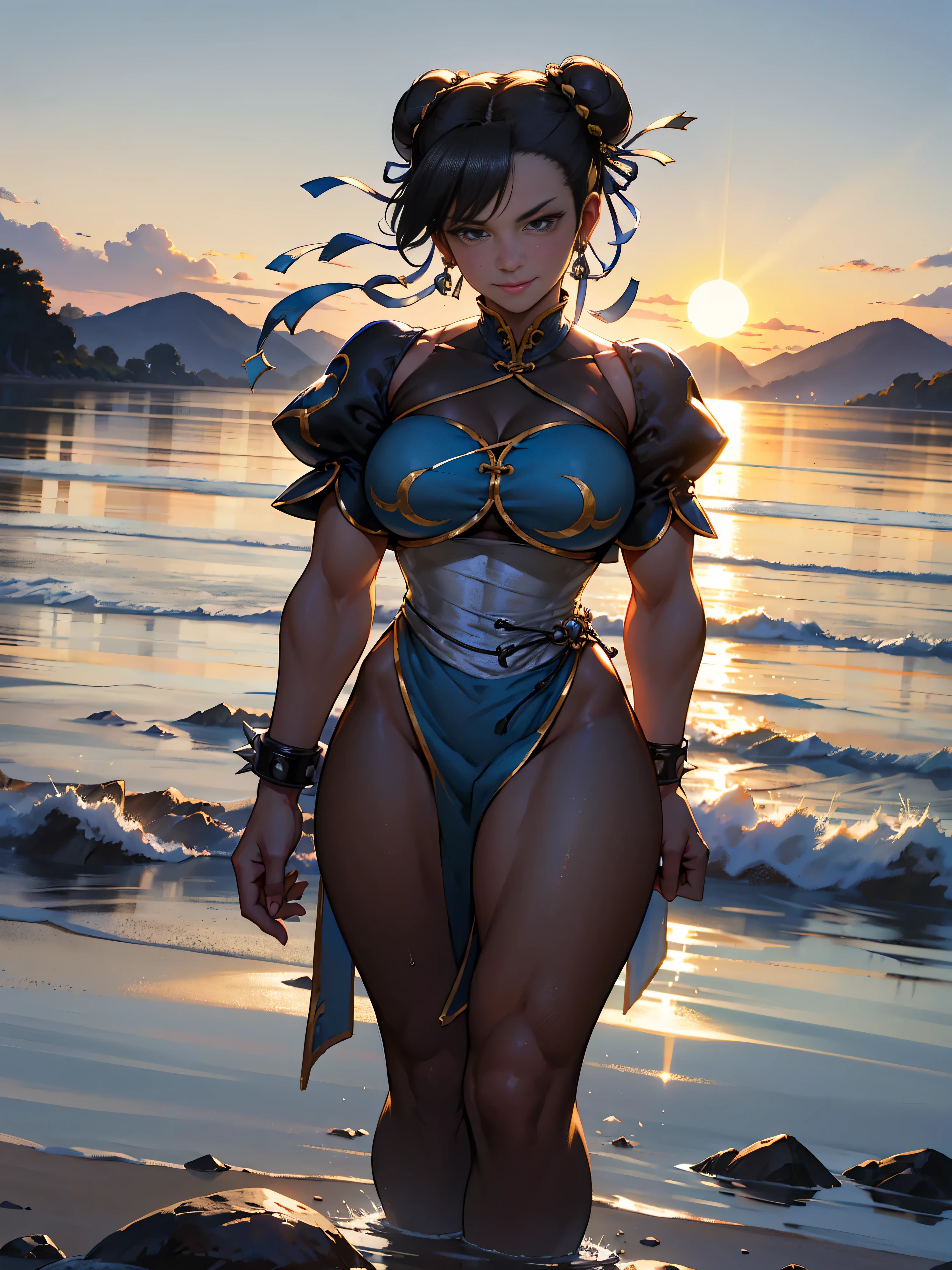 ropa azul,solo, low lighting, obra maestra de chunli, mejor calidad, agrias, nude, de pie, mirando al espectador, pelo negro,enojado,sonrisa,Atardecer,lago, Reflejo en el agua, por do sol
