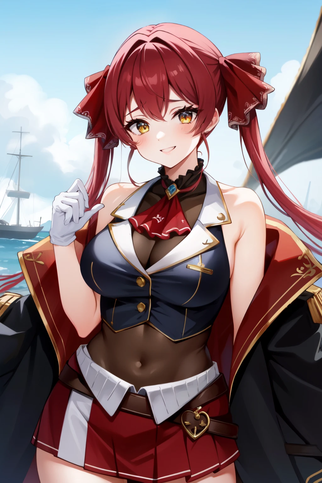 masterpiece, highest quality, Absurd, Perfect Anatomy, Hosho Base, One girl, alone, Heterochromia iridis, Red eyes, Yellow Eyes, Twin tails, Long Hair, Hair Ribbon, Big Breasts, White gloves, Frilled Chalk, Red Ascot, leotard, leotard under clothes, Red jacket, Cropped jacket, Sleeveless jacket, Black coat, Off the shoulder, Diagonal, Red Skirt, mini skirt, Leather Belt, Black knee socks, Are standing, good smile, pirate ship in the background, cowboy shot