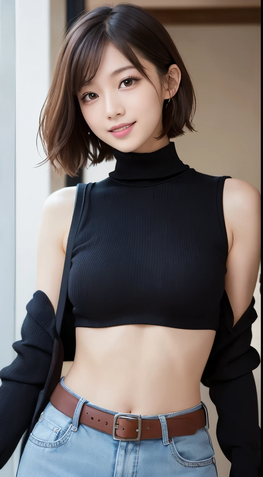 masutepiece, Best Quality, Illustration, Ultra-detailed, finely detail, hight resolution, 8K Wallpaper, Perfect dynamic composition、27 year old cute girl、detailed beautiful faces、Detailed cute droopy eyes、Textured skin、Flushed cheeks、embarrassed from、 (Shortcut Hair:1.3)、(Wavy brown hair )、tiny chest,、Bold sexy poses、Smile、(Sleeveless、Navel Fit Turtleneck)、hotpants、