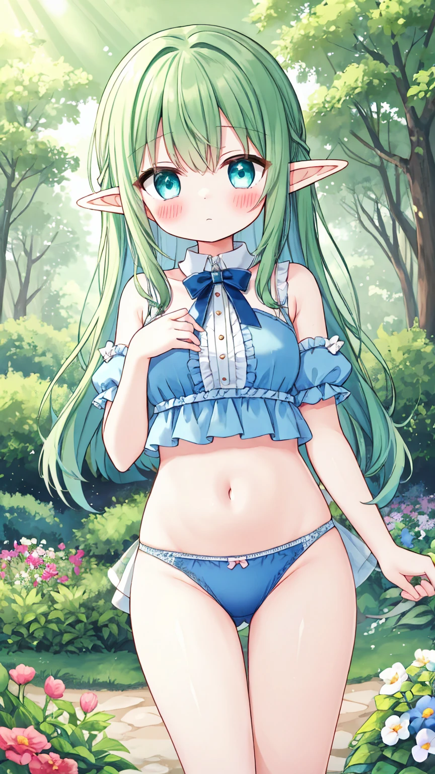 Elf beauty、(Beautiful Eyes、blush:1.1)、thin、underwear、Shortcuts、Garden in the forest、