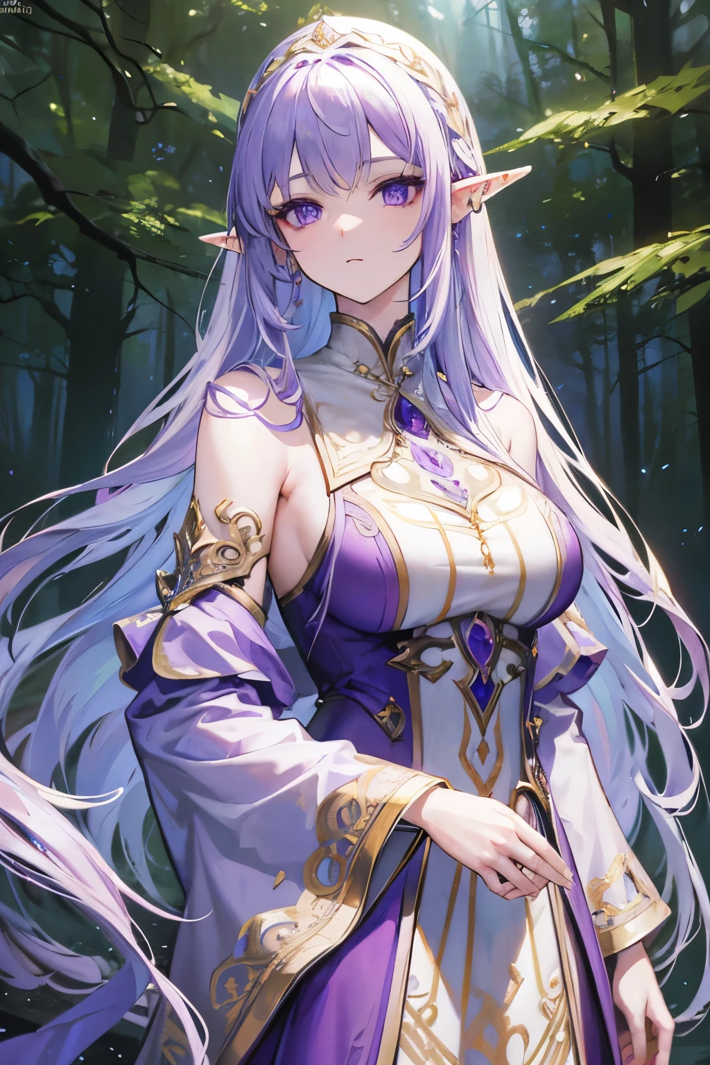 A beautiful long-haired purple elf, detailed face, piercing eyes, flowing hair, elegant porcelain skin, ornate detailed dress, fantasy woodland background, cinematic lighting, dramatic colors, photorealistic, 8k, high quality, masterpiece