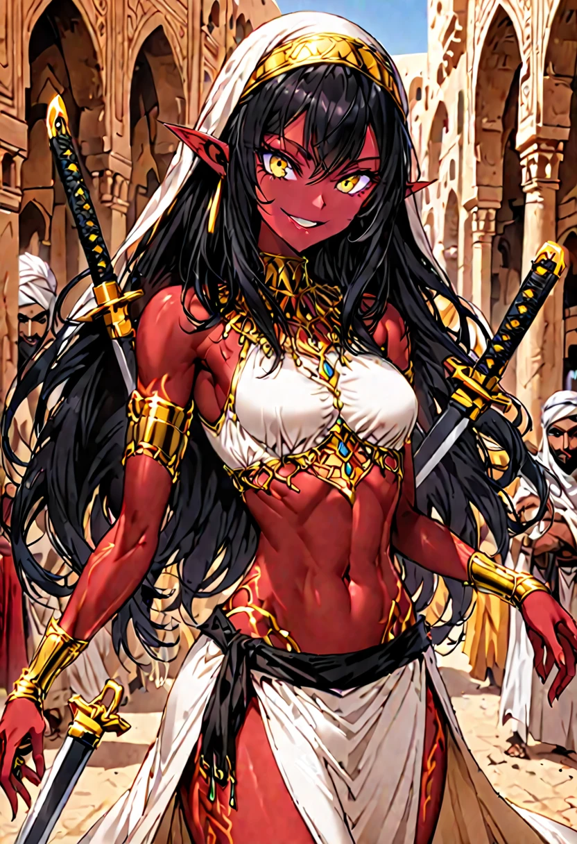 long hair, navel, large breasts, (red skin:1.5), green eyes, belly chain, armor, pasties, 1woman, sitting feet, on mars, plants, detailed, high quality highres high saturation