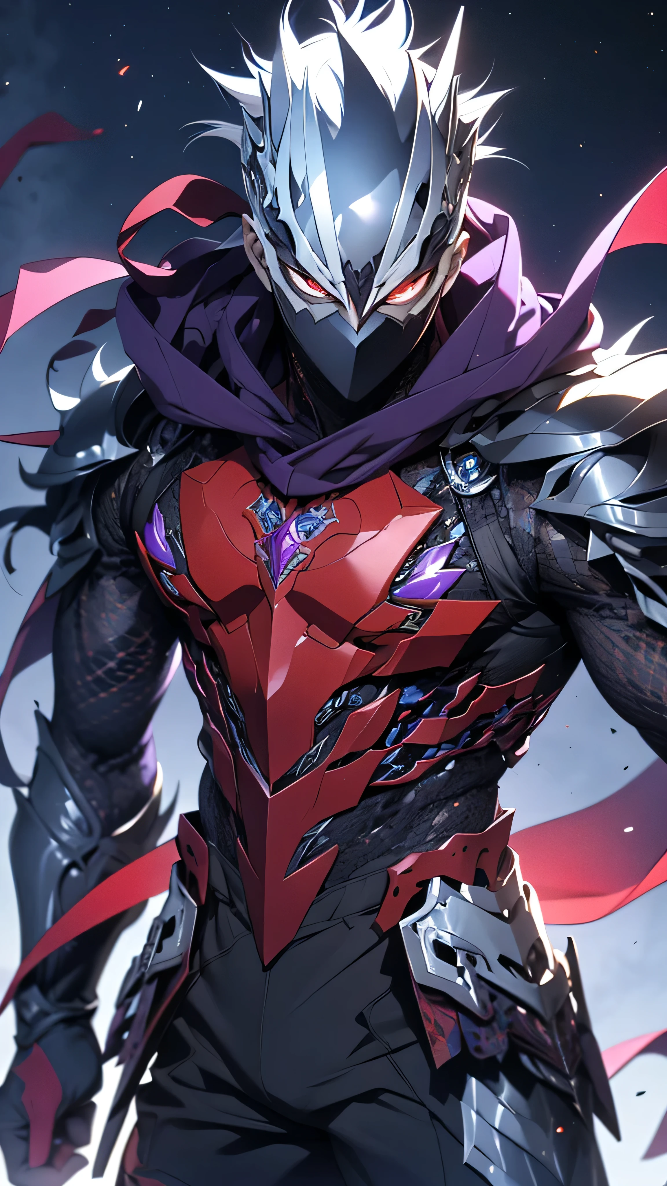 1 man in iron ninja armor with a black mesh and blue purple ornaments is shiny silver, a sharp sword is shiny and a dagger pouch Chinese demon mask of neon purple color and a dark hood, neck covered by a dark fabric