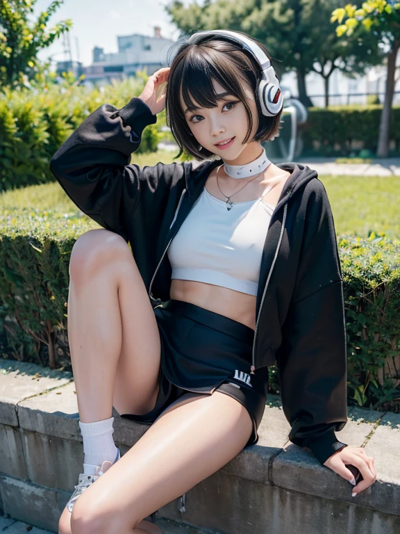 (masterpiece、Ultra-detailed、8k、highest quality:1.5)、((wonderful))、Short hair with bangs、Wearing a black hoodie、White mini skirt、The clothes are fluffy、smile、((Wear black headphones around your neck))、Sit on、Leg spread、garden