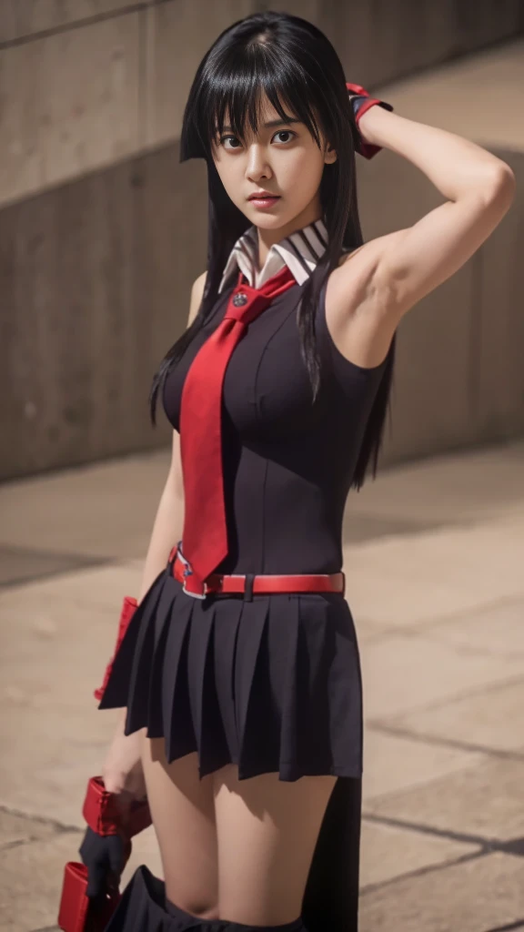 pretty, young, girl, long hair, black hair, red eyes, bangs, dark shirt, sleeveless, white collar, red tie, small breast, black gloves, black skirt, upper body, white skin, 18 year old, beauty, 1 girl, intimidating, look put hands behind head, armpits, armpits visible,