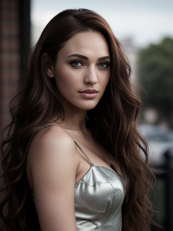A high-resolution, masterpiece of photography captures a young woman exuding a girl-next-door charm. With a mix of 5% Megan Fox's sultry allure, 15% Gal Gadot's elegance, and 20% Blake Lively's radiance, she stands tall at 172cm and carries a svelte, 68kg frame. Her long, intensely red hair cascades in soft, curly waves down to her shoulders, framing a face that perfectly blends striking green eyes, long, dark black lashes, and perfectly shaped dark black eyebrows. Her skin, a warm, dark caramel hue from