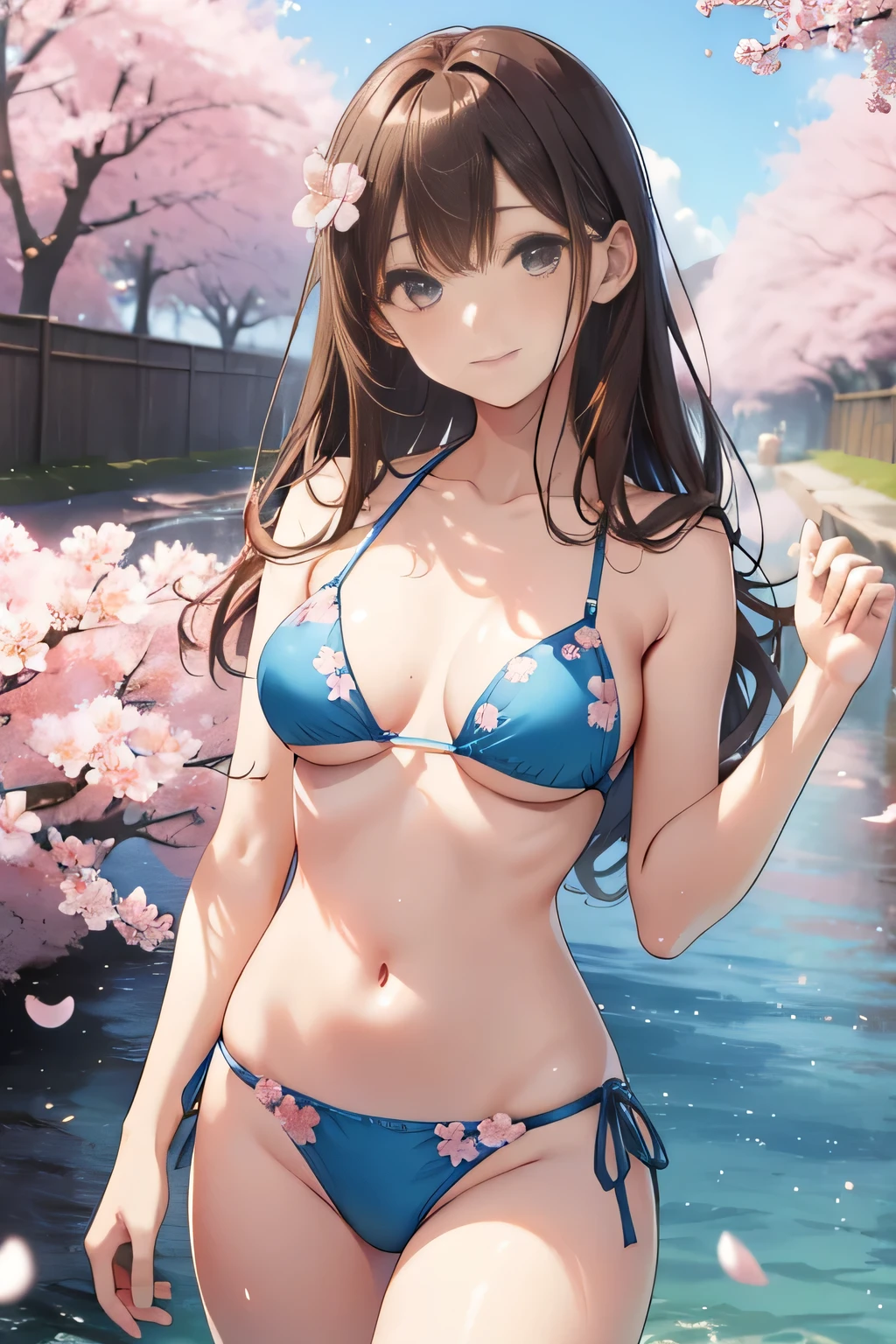 highest quality、Very delicate and beautiful、Japanese、Brown hair、Gravure idol、Light blue bikini、20th Generation、Are standing、A sloppy smile、Facing forward、Background is cherry blossoms