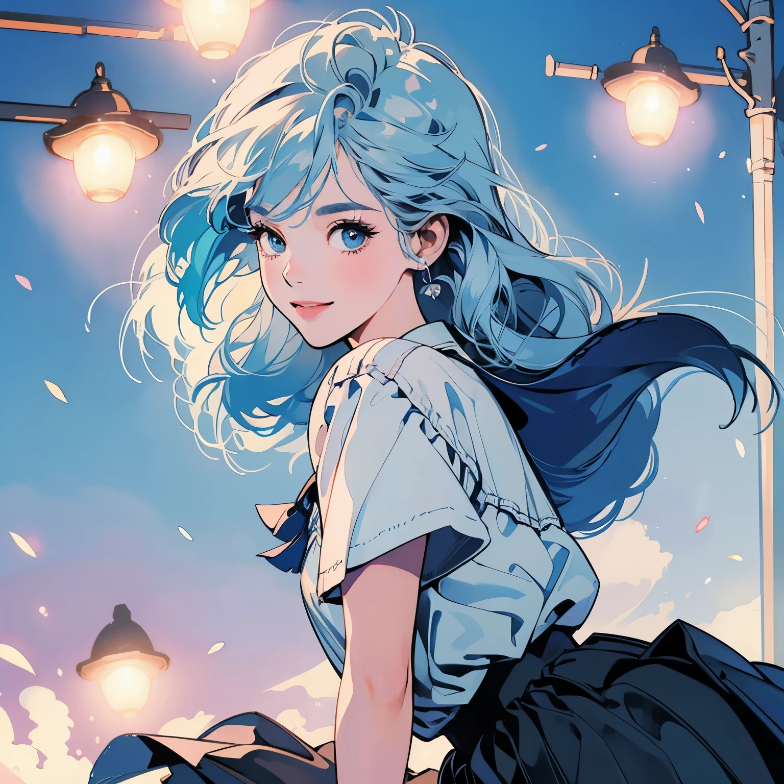 whole body、Kind Face、1 pretty woman、Short sleeve、skirt、stage、Street lamp 、Complex background、smile、Light blue hair、Faint lighting、There is movement