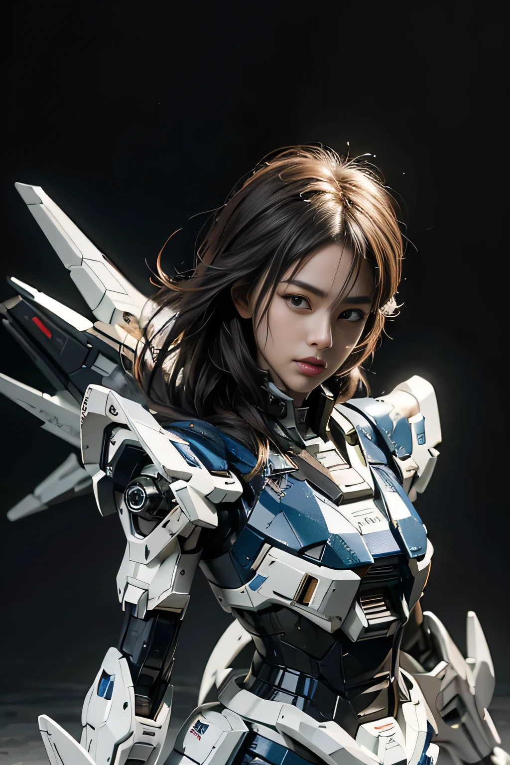 Textured skin, Super Detail, high details, High quality, Best Quality, hight resolution, 1080p, hard disk, a beauty、She wears a futuristic Gundam mecha(Gundam)
