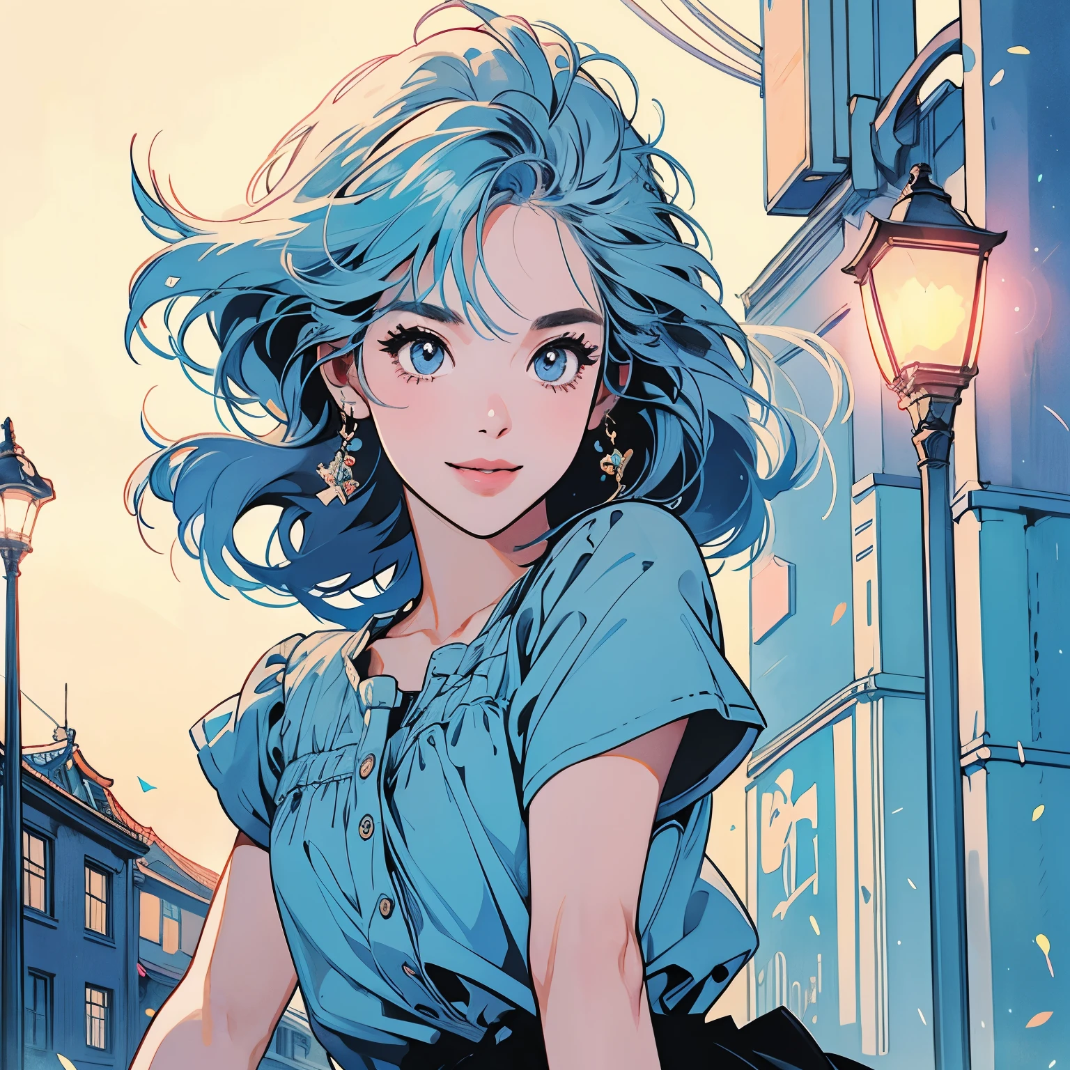 whole body、Kind Face、1 pretty woman、Short sleeve、skirt、stage、Street lamp 、Complex background、smile、Light blue hair、Faint lighting、There is movement