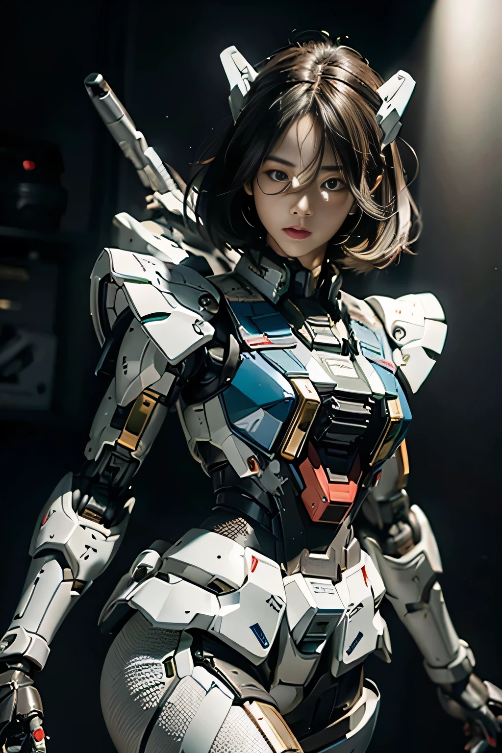 Textured skin, Super Detail, high details, High quality, Best Quality, hight resolution, 1080p, hard disk, a beauty、She wears a futuristic Gundam mecha(Gundam)