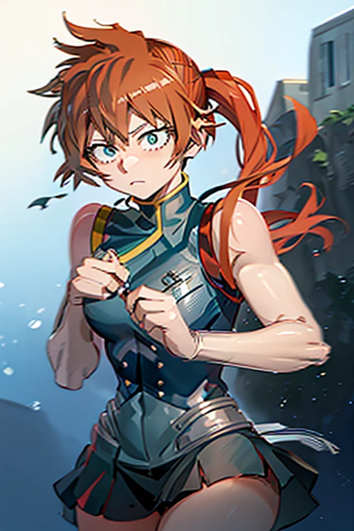 Itsuka kendo((In my hero academia)),(Author kohei horikoshi),(orange red hair tied in a ponytail),(expressive blue-green eyes),(white)