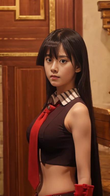 pretty, young, girl, long hair, black hair, red eyes, bangs, dark shirt, sleeveless, white collar, red tie, small breast, black gloves, black skirt, upper body, white skin, 30 year old, beauty, 1 girl, intimidating, look put hands behind head, armpits, armpits visible,