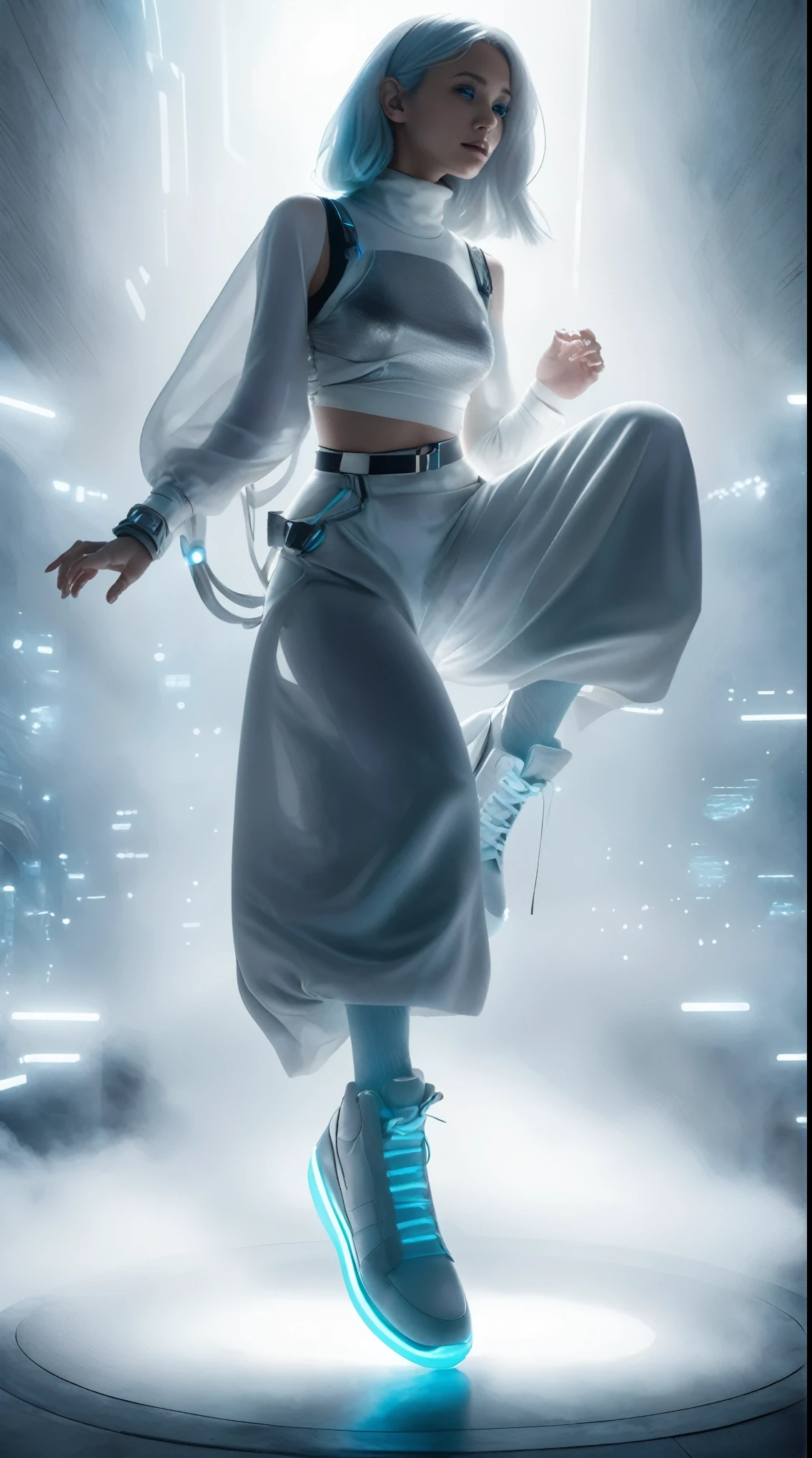 masterpiece, Best Quality, Realistic, In the dimly lit colony shrouded in white mist, she jumping as a solitary fashion model. She is dressed in a cyber-themed outfit centered around the color white. She wears a high-neck, sleeveless top paired with a maxi skirt with a round silhouette, from which a large balloon extends at the waist. Neon-lit harnesses are connected to her outfit, creating a futuristic atmosphere.

With her silver hair and blue glowing eyes, she completes her look with high-cut sneakers accented with neon. Captured from a side angle, she sits and gazes ahead with a somewhat melancholic expression, hyper small head and face, wide Duck mouth, half open mouth, perfectly aligned teeth, perfect beautiful teeth, light blue eyes, half open eyes, shiny Droopy eyes, gray hair, looking other, She is situated within the interior of a futuristic colony, with mist drifting and steam rising from concrete