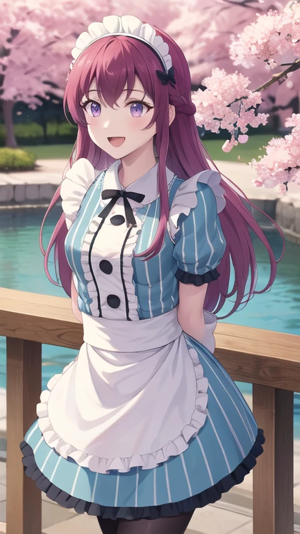 masterpiece, best quality, highres, 1girl, solo, long hair, purple hair, braid, maid headdress, purple eyes, neck ribbon, frills, vertical stripes, blue dress, short sleeves, apron, black pantyhose, arms behind back, smile, open mouth, standing, cowboy shot, leaning forward, outdoors, cherry blossoms,