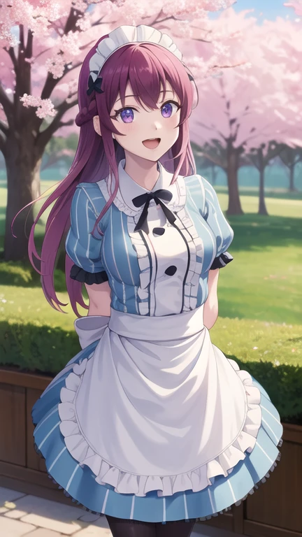 masterpiece, best quality, highres, 1girl, solo, long hair, purple hair, braid, maid headdress, purple eyes, neck ribbon, frills, vertical stripes, blue dress, short sleeves, apron, black pantyhose, arms behind back, smile, open mouth, standing, cowboy shot, leaning forward, outdoors, cherry blossoms,