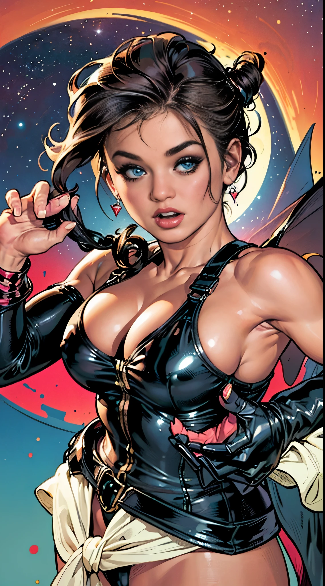 Rita Faltoyano vestindo um traje espacial justo branco com detalhes em vermelho futurista cybberpunk, while flying through space on a surfboard. (((corpo inteiro))) in comic book panel, full body, bold lineart illustration comic, seductive blue eyes, parted lips, perfect body, curvy, fitness, nsfw, in the style of Adam Hughes, (((obra prima))), (((adulto))) Explore retro-futuristic aesthetics, highlighting her confidence and skill as she challenges the limits of the cosmos.