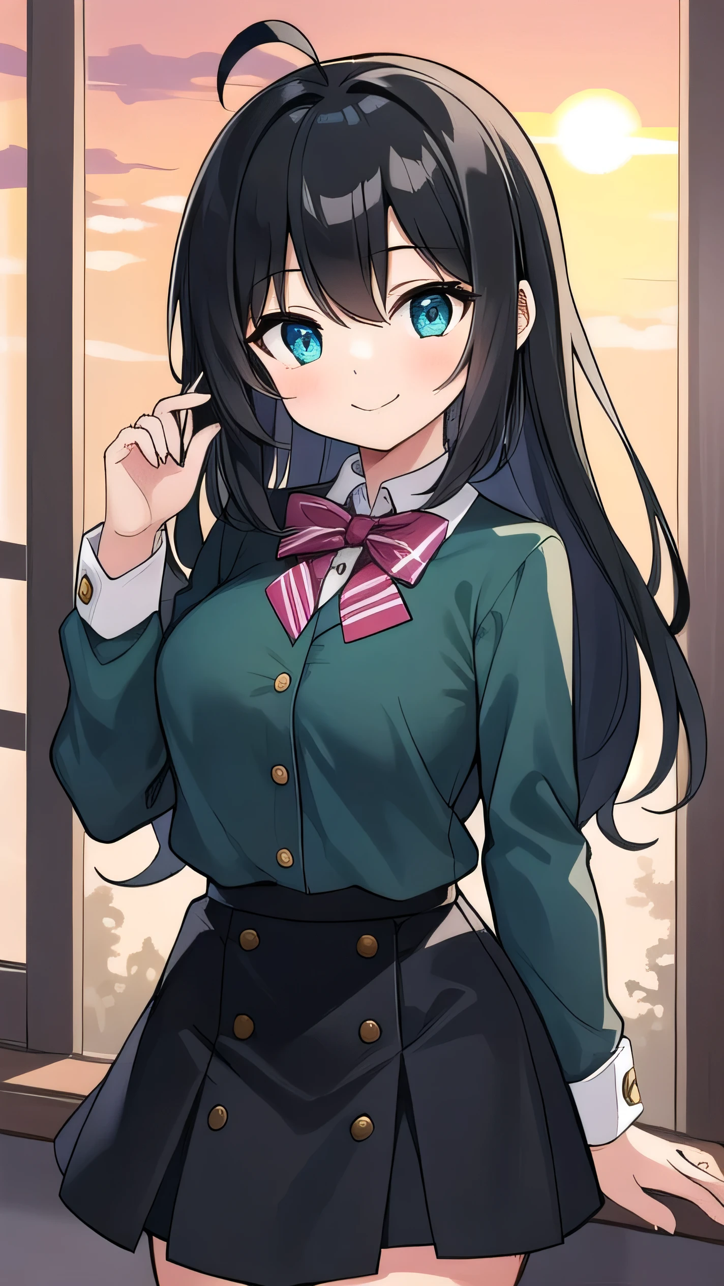 Junior high school student who looks like an elementary school student, , very short, 140 cm tall, black hair with a slight green tinge, short ahoge, beautiful long hair but with a little hair sticking out, beautiful round eyes, blue eyes, smile, boyish, long sleeves, Thick clothes, skirt, big breasts, hair longer than waist, long hair, childish face, gentle smile, a little shy, black skirt, black hair with a slight green tinge, boyish, gentle smile, jacket one size larger, ( Deep greenish black hair: 1.3), evening, sunset