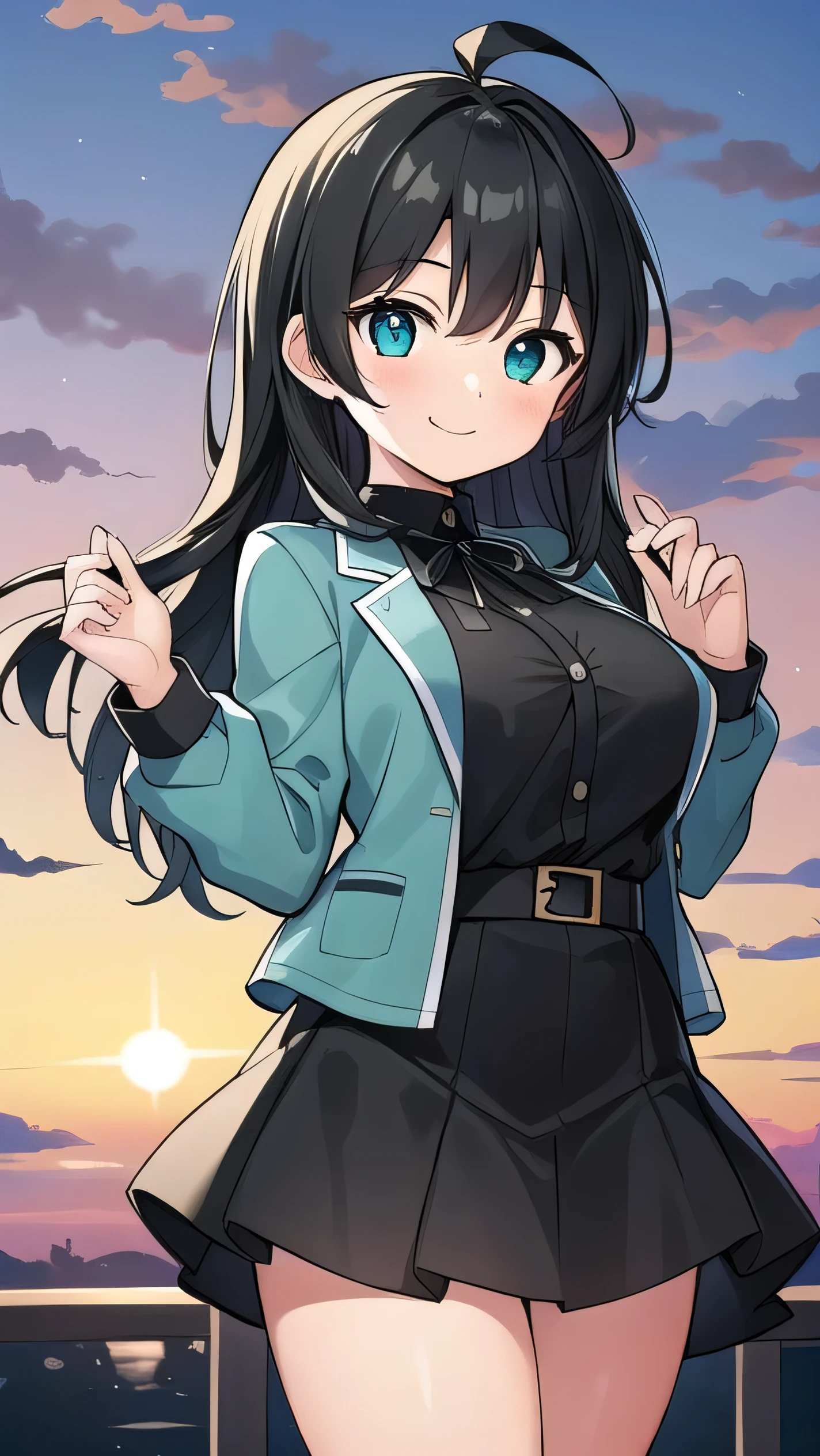 Junior high school student who looks like an elementary school student, 14 years old, very short, 140 cm tall, black hair with a slight green tinge, short ahoge, beautiful long hair but with a little hair sticking out, beautiful round eyes, blue eyes, smile, boyish, long sleeves, Thick clothes, skirt, big breasts, hair longer than waist, long hair, childish face, gentle smile, a little shy, black skirt, black hair with a slight green tinge, boyish, gentle smile, jacket one size larger, ( Deep greenish black hair: 1.3), evening, sunset
