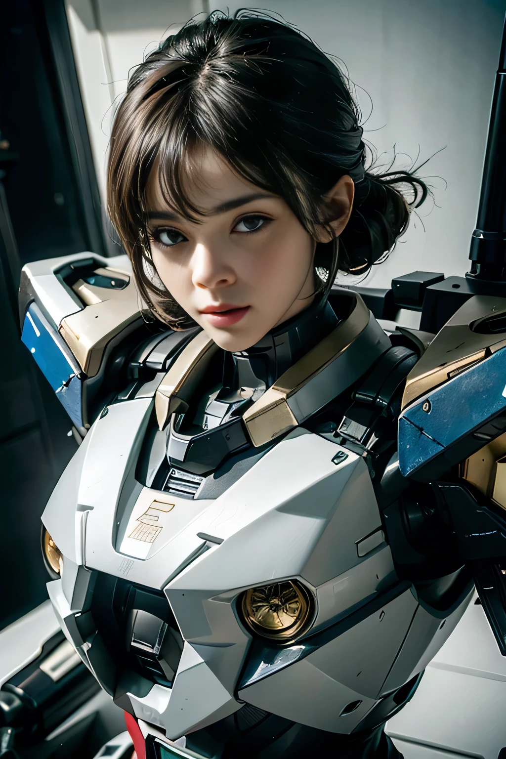 Textured skin, Super Detail, high details, High quality, Best Quality, hight resolution, 1080p, hard disk, a beauty、She wears a futuristic Gundam mecha(Gundam)