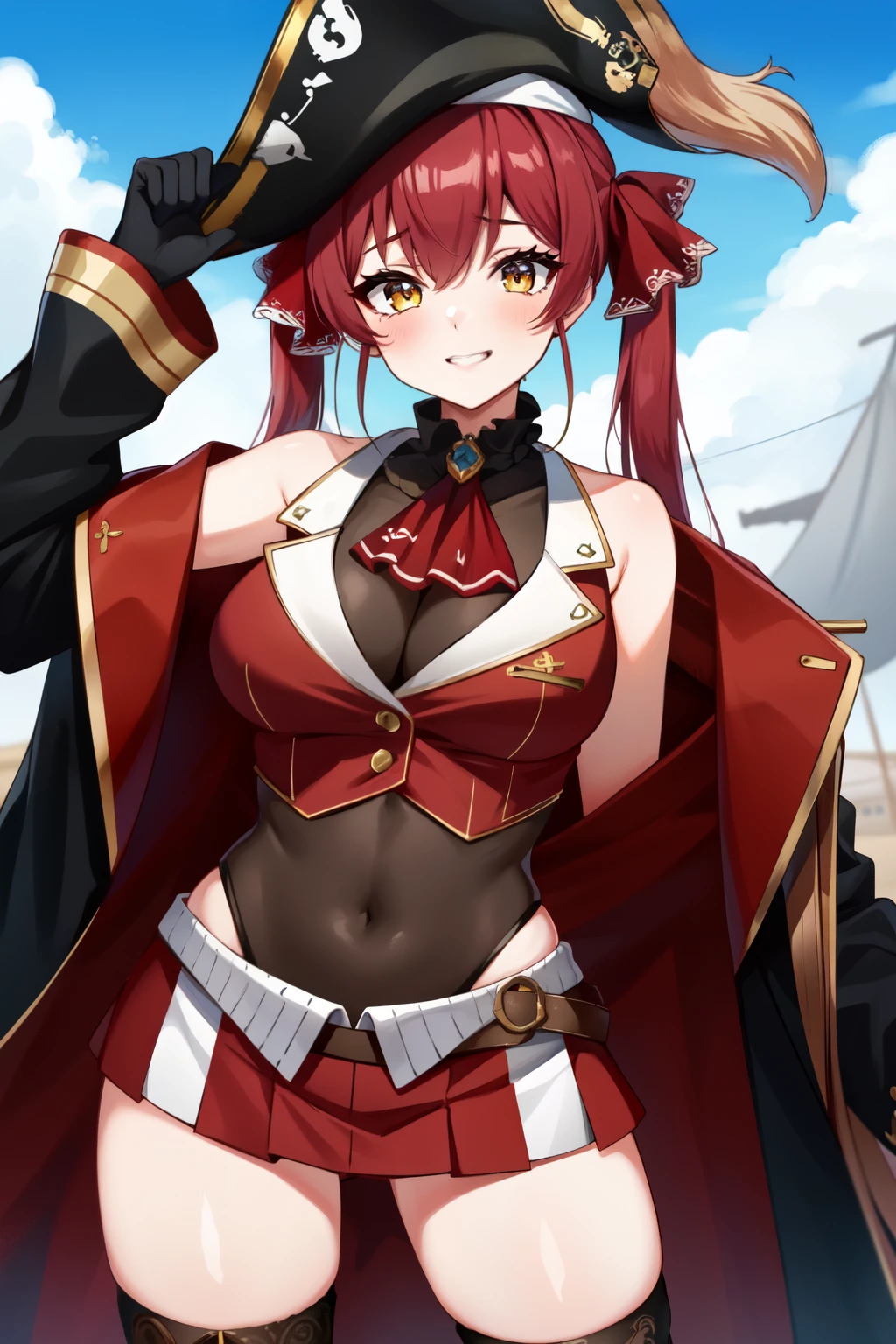 masterpiece, highest quality, Absurd, Perfect Anatomy, Hosho Base, One girl, alone, Heterochromia iridis, Red eyes, Yellow Eyes, Twin tails, Long Hair, Hair Ribbon, Big Breasts, White gloves, Frilled Chalk, Red Ascot, leotard, leotard under clothes, Red jacket, Cropped jacket, Sleeveless jacket, Black coat, Off the shoulder, Diagonal, Red Skirt, mini skirt, Leather Belt, Black knee socks, Are standing, good smile, pirate ship in the background, cowboy shot, wear a pirate hat