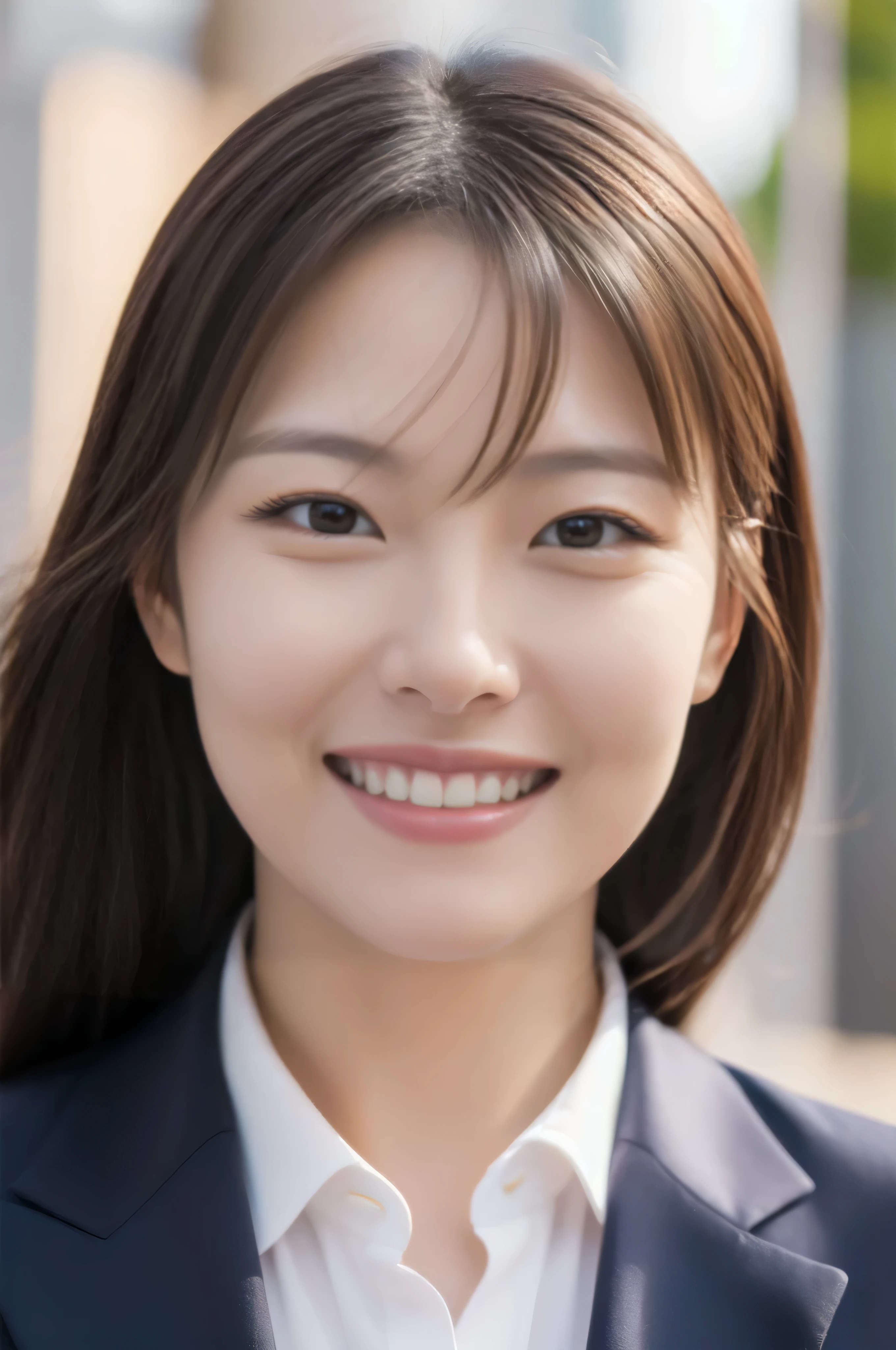 Married Woman's Face、30 years old、Middle-aged women、Business jacket、Close-up of face、High quality、Ultra-realistic、A cheerful smile、Married woman&#39;s body type、Japanese Wife、 Perfect Eyes、Radiant Skin、Tokyo Station