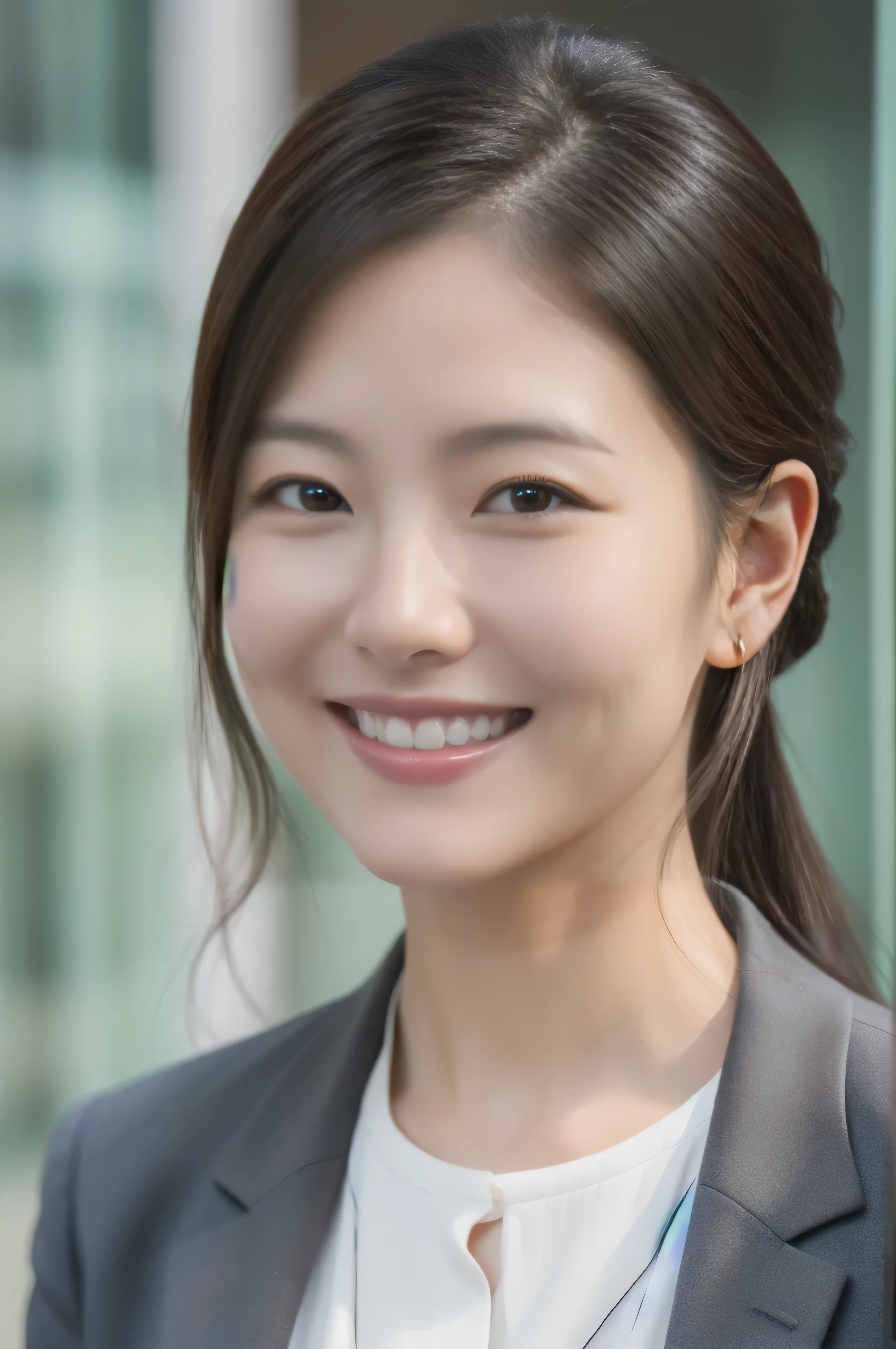 Married Woman's Face、30 years old、Middle-aged women、Business jacket、Close-up of face、High quality、Ultra-realistic、A cheerful smile、Married woman's body type、Japanese Wife、 Perfect Eyes、Radiant Skin、Tokyo Station