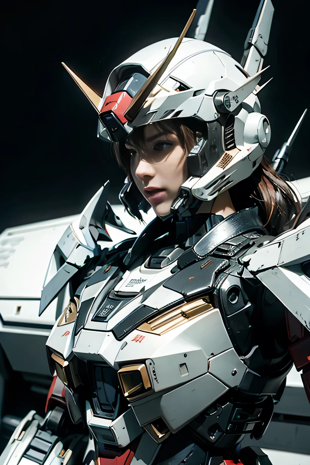 Textured skin, Super Detail, high details, High quality, Best Quality, hight resolution, 1080p, hard disk, a beauty、She wears a futuristic Gundam mecha(Gundam)