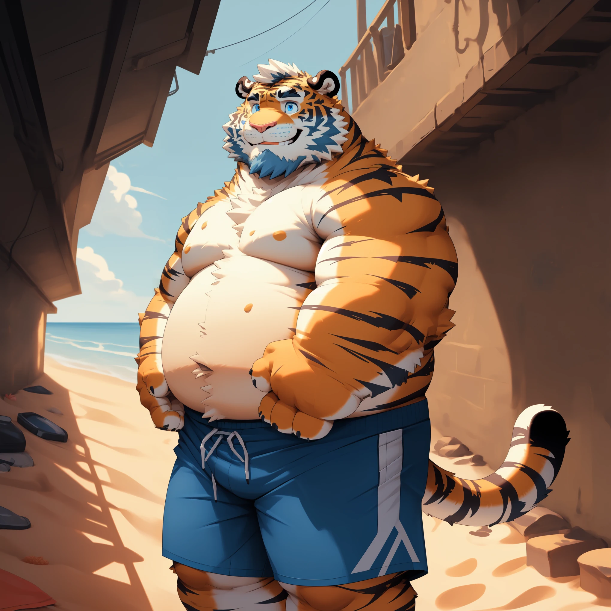 New Jersey 5 Furry,Tiger,Solitary,Chubby,Fat,Thick arms,Rugged muscles,shorts,orange Plush fur,Chubby Face,Black eyebrows,Sky blue eyes,Beard,(Gloomy basement),(topless,shorts),(Fold both hands),(smiles),(On the beach)