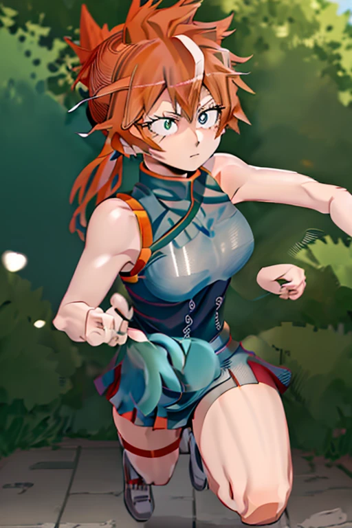 Itsuka kendo((In my hero academia)),(Author kohei horikoshi),(orange red hair tied in a ponytail),(expressive blue-green eyes),(white),(Beautiful image:1.5),(pretty face:1.5),(full body portrait),(perfect image resolution)