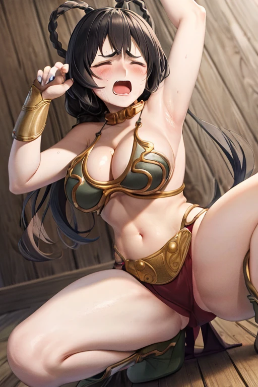 masterpiece, best quality, beautiful art, high resolution, well formed hands, body and fingers, 1 woman, solo, Xiangling, wearing a slave Leia outfit , adult, big breasted, cleavage, full body, sexy and skimpy outfit , gorgeous hips, legs and thighs , ryona,in peril, she is being beaten up by her opponent, receiving the impact of her opponent's attacks, reacting to the hits, closed eyes, she is being slapped in the face, knocked down, slammed against the floor, screaming in pain and agony, showing weakness and vulnerability, heroine in peril, ryona and perilous scene, sweating, bouncing breasts, martial arts tournament with beach environment