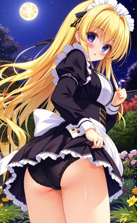 Beautiful long blonde　Embarrassing　Girl in black maid outfit　Long sleeve　Long skirt　Skirt lifted　Black Panties　Garden at Night