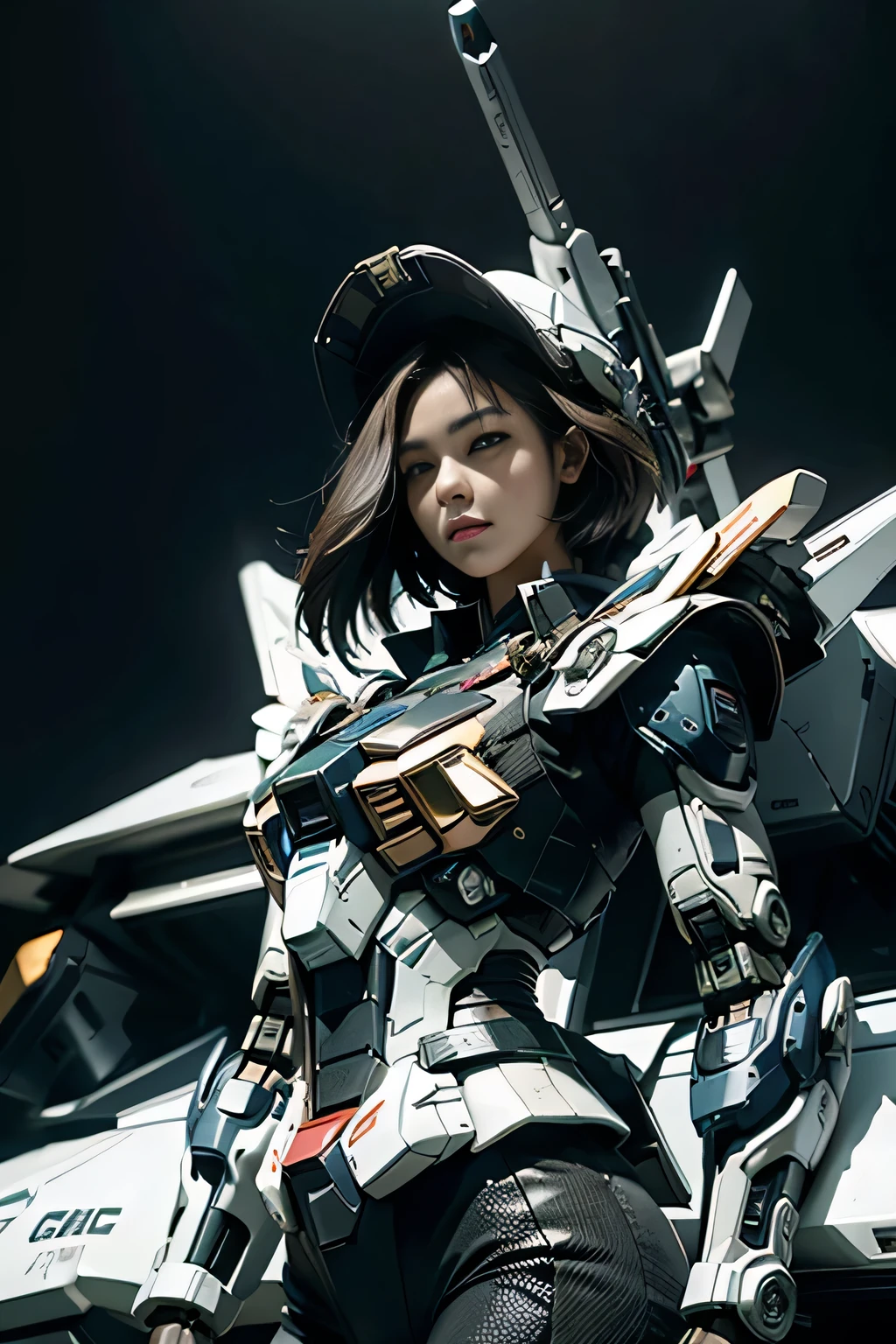Textured skin, Super Detail, high details, High quality, Best Quality, hight resolution, 1080p, hard disk, a beauty、She wears a futuristic Gundam mecha(Gundam)