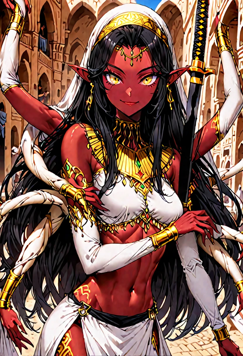 solo:1.4, female, sfw, medium shot, four arms, red skin, long hair, black hair, silky hair, braided hair, pointed ears, slim waist, bandit, Arabian, marketplace, curved sword, golden eyes, smile, abs, dagger , ((extra arms:1.4)), extra arms