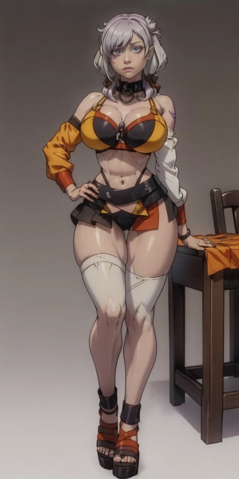 (Masterpiece, grey background:1.2) full body standing straight symmetrical looking to the viewer, view from below, far shot, cow boy shot, purple skin, drow, elf, 1girl, mature, purple eyes, pinched eyes, short silver white hair cut (yellow tiger bikini print long sleeves and long stockings) abs, navel, big knockers, tatter rags, leather choker, chain collar, stomach tattoo (red tattoo) hands on hips, wide hips, thick thighs, metal sandals