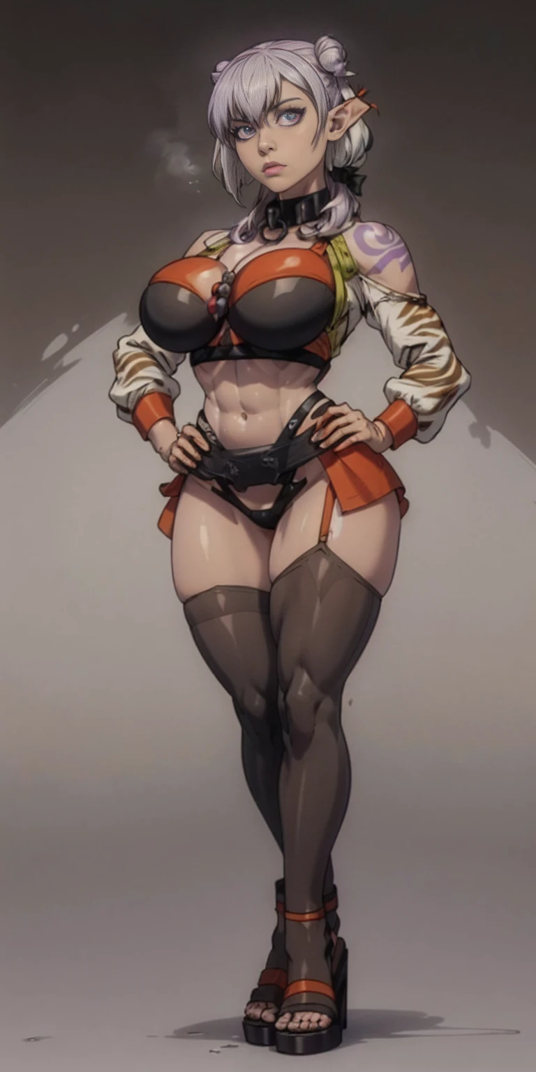 (Masterpiece, grey background:1.2) full body standing straight symmetrical looking to the viewer, view from below, far shot, cow boy shot, purple skin, drow, elf, 1girl, mature, purple eyes, pinched eyes, short silver white hair cut (yellow tiger bikini print long sleeves and long stockings) abs, navel, big knockers, tatter rags, leather choker, chain collar, stomach tattoo (red tattoo) hands on hips, wide hips, thick thighs, metal sandals
