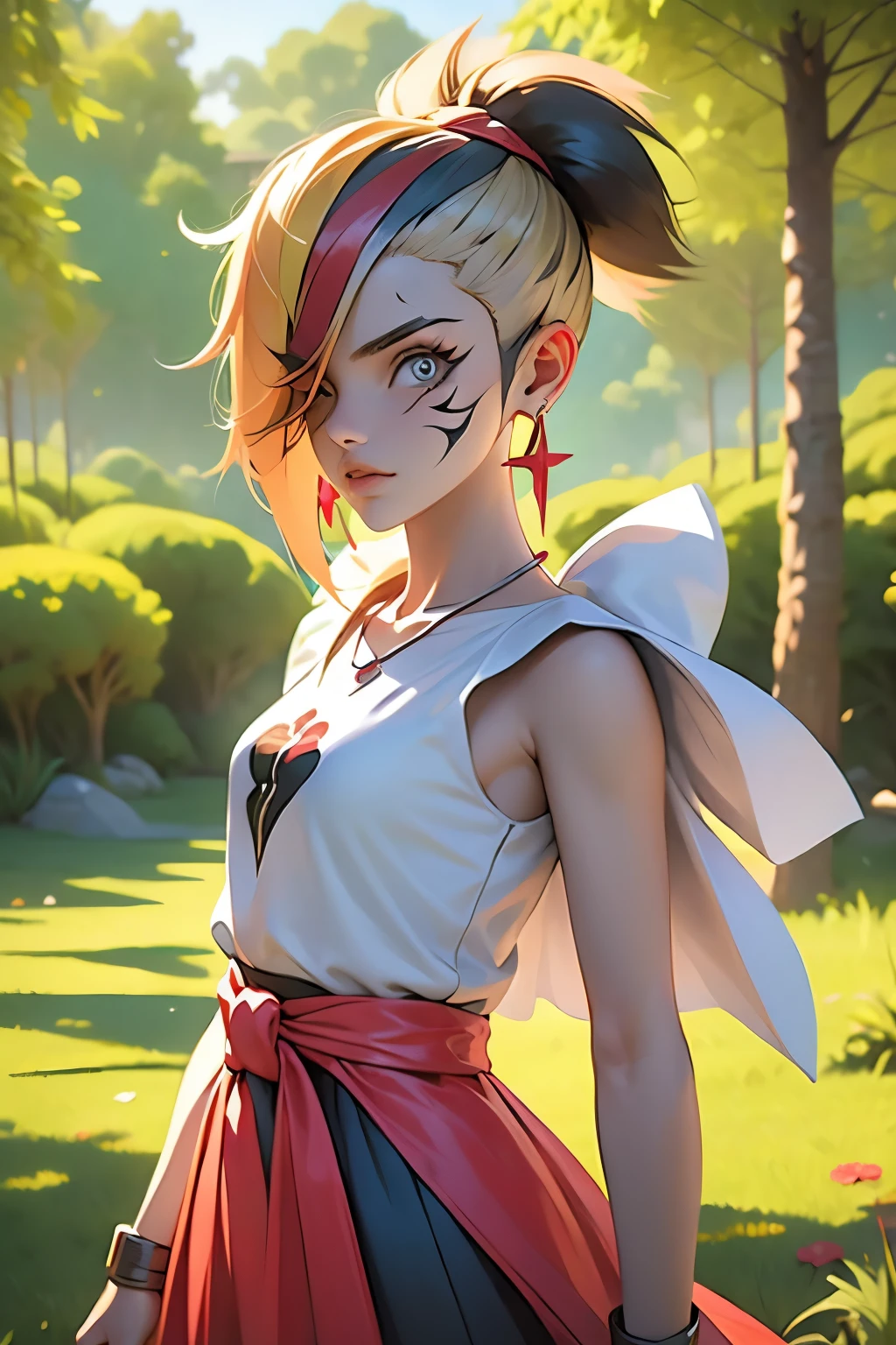 mj3d style,3dmm,3d,(masterpiece, best quality:1.1), ghibli style, san (mononoke hime), 1girl, armlet, bangs, black hair, black undershirt, breasts, cape, circlet, earrings, facepaint, floating hair, forest, fur cape, green eyes, jewelry, looking at viewer, medium breasts, nature, necklace, outdoors, parted bangs, shirt, short hair, sleeveless, sleeveless shirt, solo, tooth necklace, tree, upper body, white shirt
