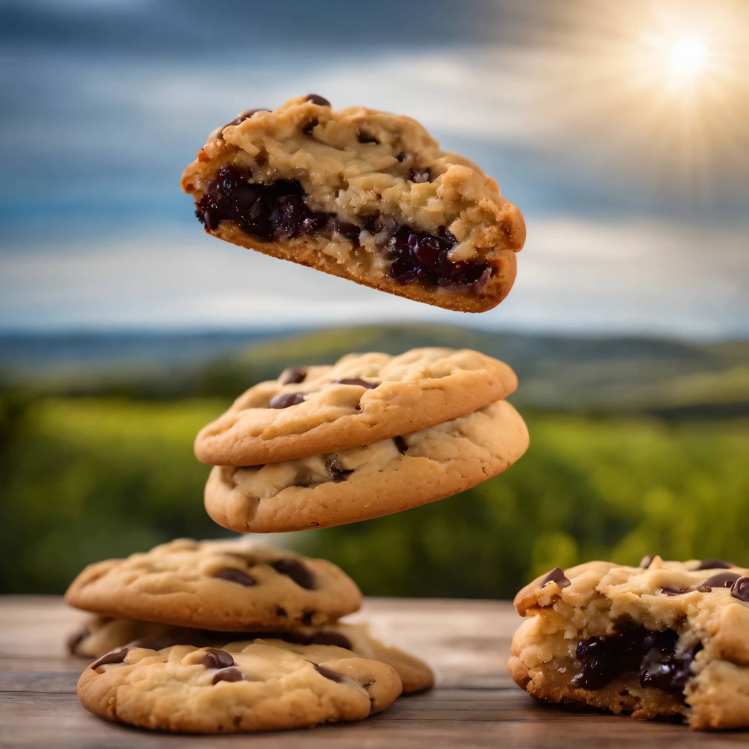 Crie um cookie (biscoito), realista. Cookie de mirtilo, ( realista, 4k) vitrine ao fundo, foto de confeitaria, profundidade de campo, geleia de mirtilo (dentro do cookie)(cookie robusto). (Cookie grande, robusto)