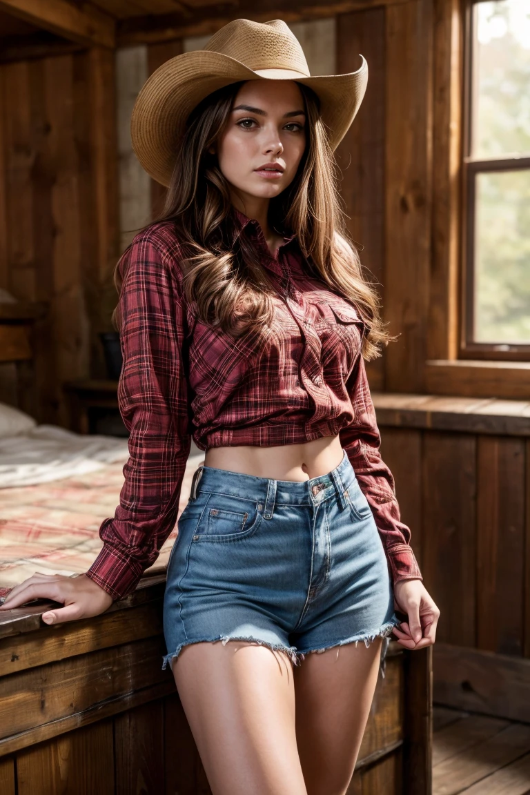(brunette women), (perfect body), (16k,8k,4K,HD,UHD), Overflowing portrait photo of female peach farmer, Wearing a tight red plaid flannel shirt, Gorgeous leather cowboy boots, (wearing cowboy hat),