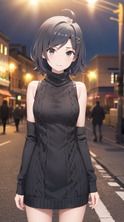 masterpiece, best quality, highres, Hikigaya Komachi, short hair, ahoge, black eyes, hairclip, x hair ornament, sweater dress, sleeveless, turtleneck, ribbed sweater, night, street, standing, cowboy shot,