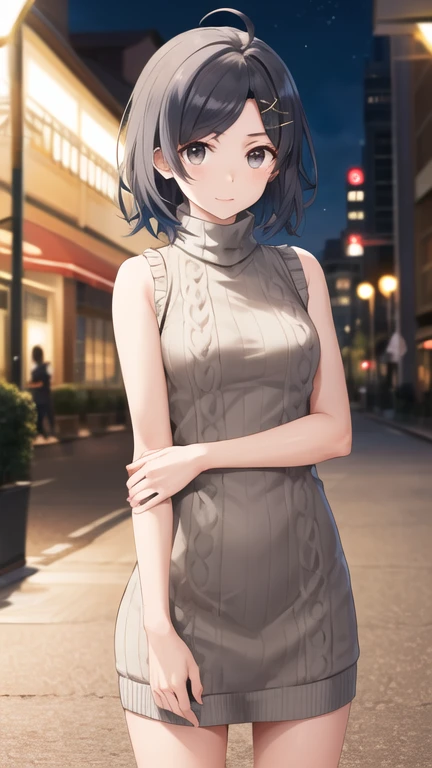 masterpiece, best quality, highres, Hikigaya Komachi, short hair, ahoge, black eyes, hairclip, x hair ornament, sweater dress, sleeveless, turtleneck, ribbed sweater, night, street, standing, cowboy shot,