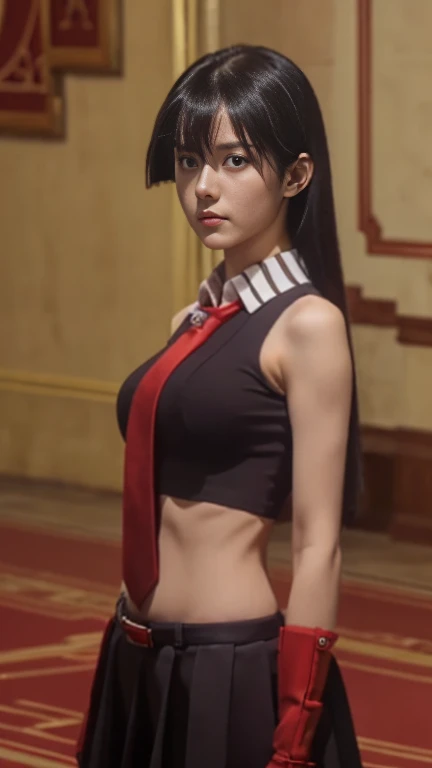 pretty, young, girl, long hair, black hair, red color eyes, bangs, dark shirt, sleeveless, white collar, red tie, very small breast, black gloves, black skirt, upper body, white skin, 30 year old, beauty, 1 girl, intimidating, look put hands behind head, armpits, armpits visible,