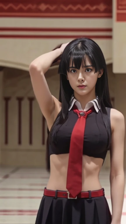 pretty, young, girl, long hair, black hair, red color eyes, bangs, dark shirt, sleeveless, white collar, red tie, very small breast, black gloves, black skirt, upper body, white skin, 30 year old, beauty, 1 girl, intimidating, look put hands behind head, armpits, armpits visible,