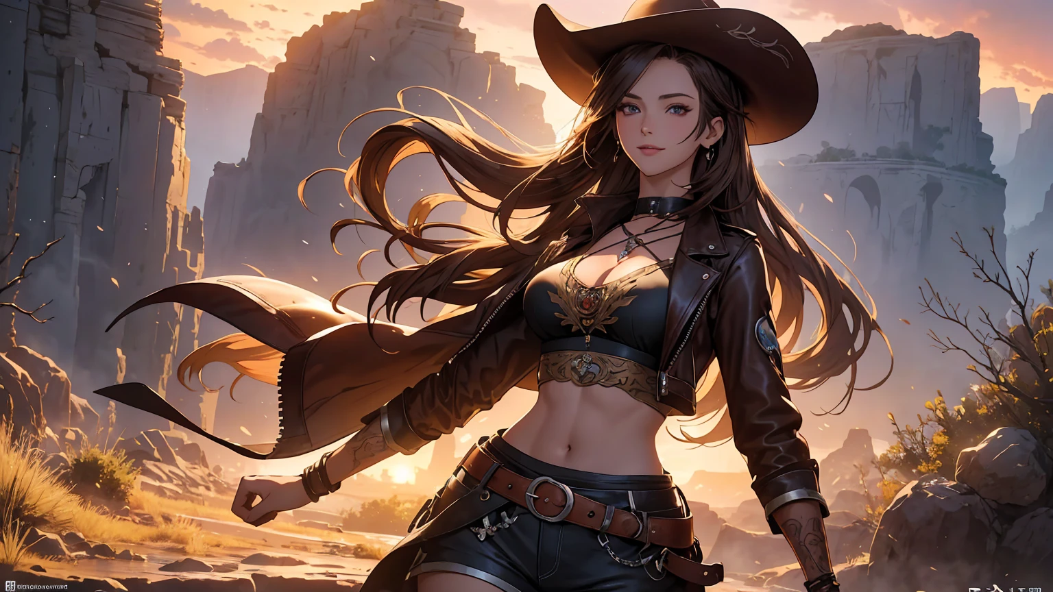 Arte de anime Genshin Impact: ((masterpiece: 1.2, 16k, super detail, best quality, accurate, high resolution, high quality)), (Wallpaper), Young cute cowgirl, age 18, super model, smiling, short brown leather jacket with open front, cowboy belt, brown cowboy hat, leather boots, braided hair, elegant posture, elegant cowgirl in the spotlight, illustrative style inspiration from the Charles Marion Russell, freedom, strength, confidence, full body portrait, standing, top model pose, seductive expression, Full breasts, Tight shirt, Midriff, beautiful latin girl, looking at the spectators, beautiful and charming girl, perfect clean model face, exquisite facial features, detailed face, clear facial expressions, long wavy hair, gradient hair, beautiful detailed eyes, piercing and enchanting eyes, luscious lips, beautiful detailed glossy lips, rosy cheek, enchanting smile, perfect body, slim waist, dynamic poses, solo girl, wild west setting, plain of the American West, wide and warm old sky, the sunset, a desert with dry soil and sparse thorn trees, rocky mountains, winding river with vegetation on the banks, rusty railway track, rock formations, ruins of a miner's cabin, dilapidated railroad, complex background, very detailed illustration, Ultra-detailed CG, professional art, vibrant appearance, raw photo, (a majestic vision), (dramatic photo:1.4), cinematic, (HDR:1.5), (intricate details:1.1), natural colors, splendid lighting effects, (dramatic light), (Cinematic lighting), epic and surrealistic anime, detailed anime digital art, anime digital art, high-quality anime art style, award winning,