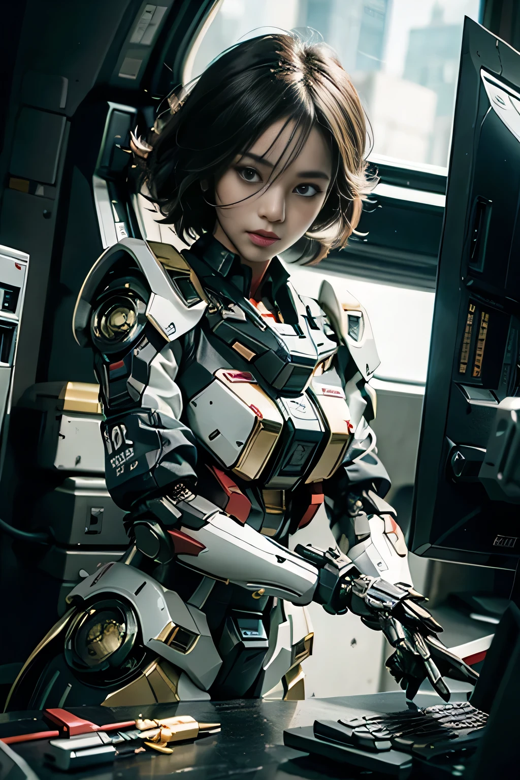Textured skin, Super Detail, high details, High quality, Best Quality, hight resolution, 1080p, hard disk, a beauty、She wears a futuristic Gundam mecha(Gundam)