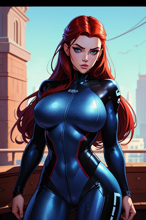 masterpiece, best quality, 1girl, skin tight plugsuit, perfect eyes, perfect face, kuvshinov, cowboy shot, portait, red hair, blue eyes