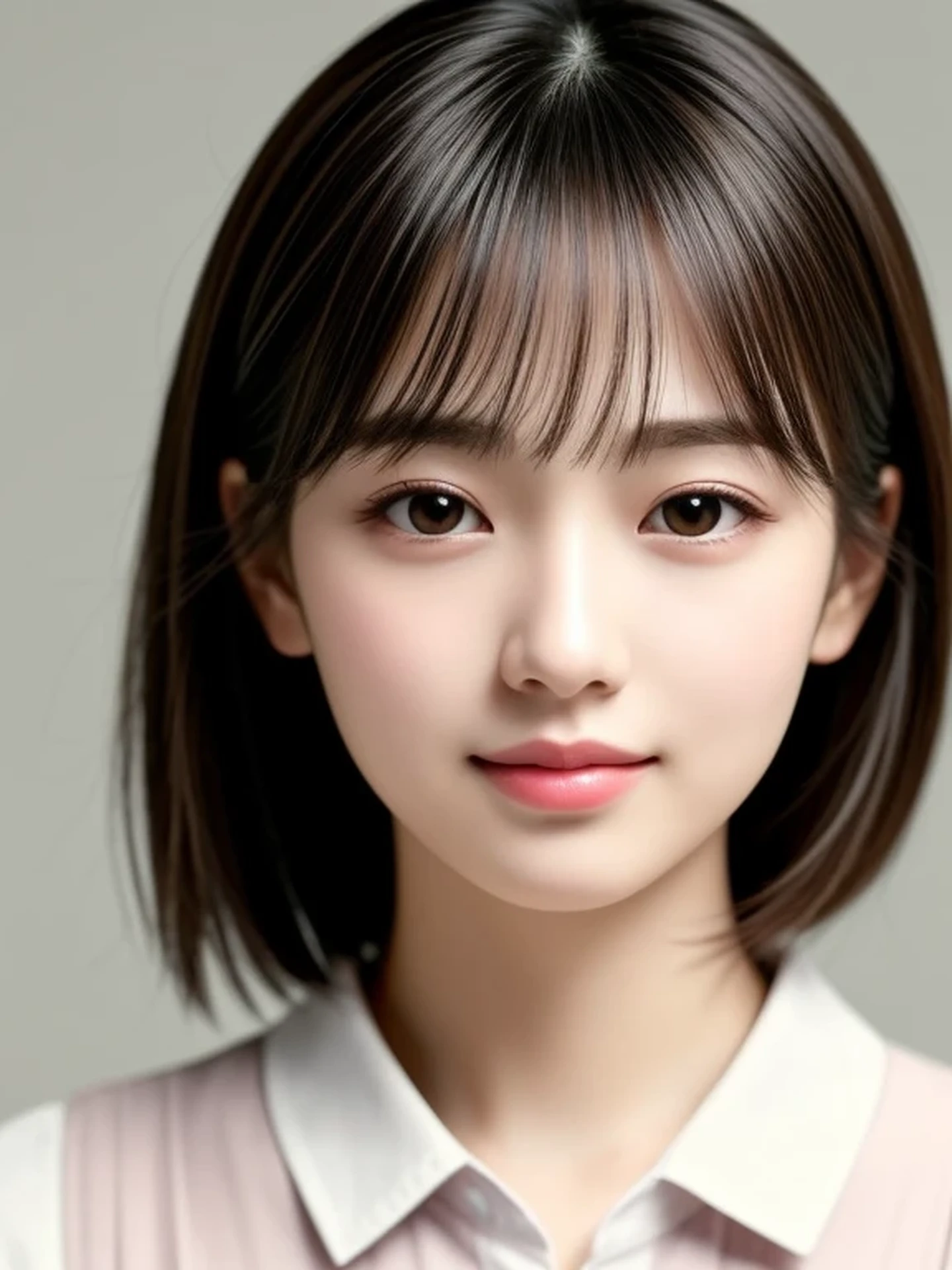 Beautiful Japanese Woman, Soft skin and a nice perfect face, A small face with a nose and rosy lips, Beautiful Eyes, Beautiful smile. black, Surrounded by a bright, ethereal glow、Thin, long, beautiful hair. A loose, short hairstyle with gradation highlights and layers of greyish beige, Navy skirt, Hyperrealistic female photos, High quality high resolution 8K masterpiece